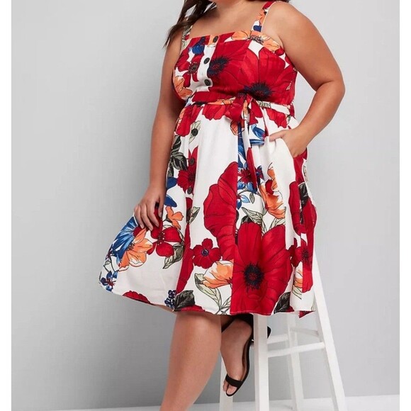 NEW LANE BRYANT PLUS SIZE FLORAL SQUARE NECK BUTTON DETAIL DRESS SZ 18 - Picture 2 of 3